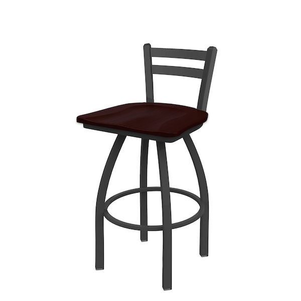 25" Low Back Swivel Counter Stool, Pewter Finish, Dark Cherry Oak Seat